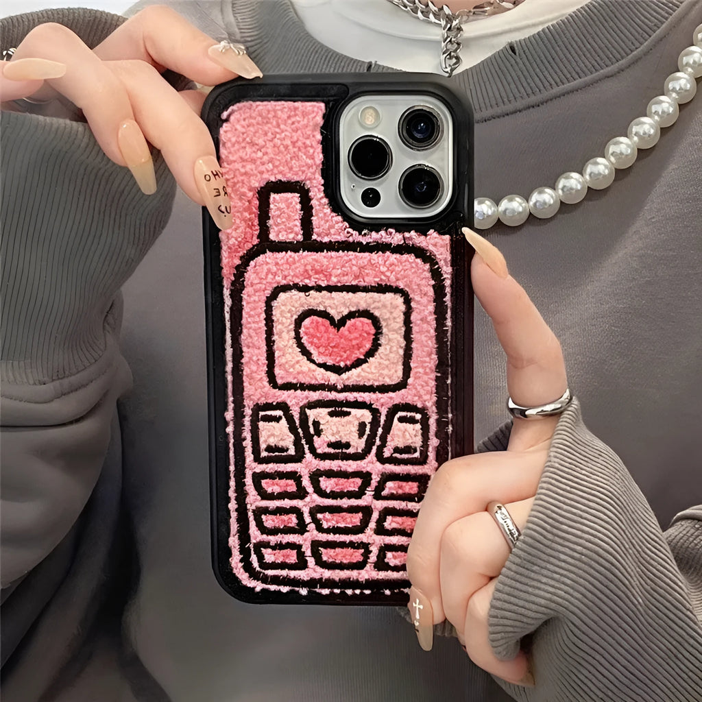Pink towel embroidered TPU back cover case for iPhone models X through 15.