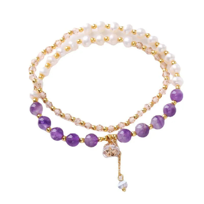 Freshwater pearl double ring bracelet with crystal beads in Amethyst, Aquamarine, or Strawberry Quartz