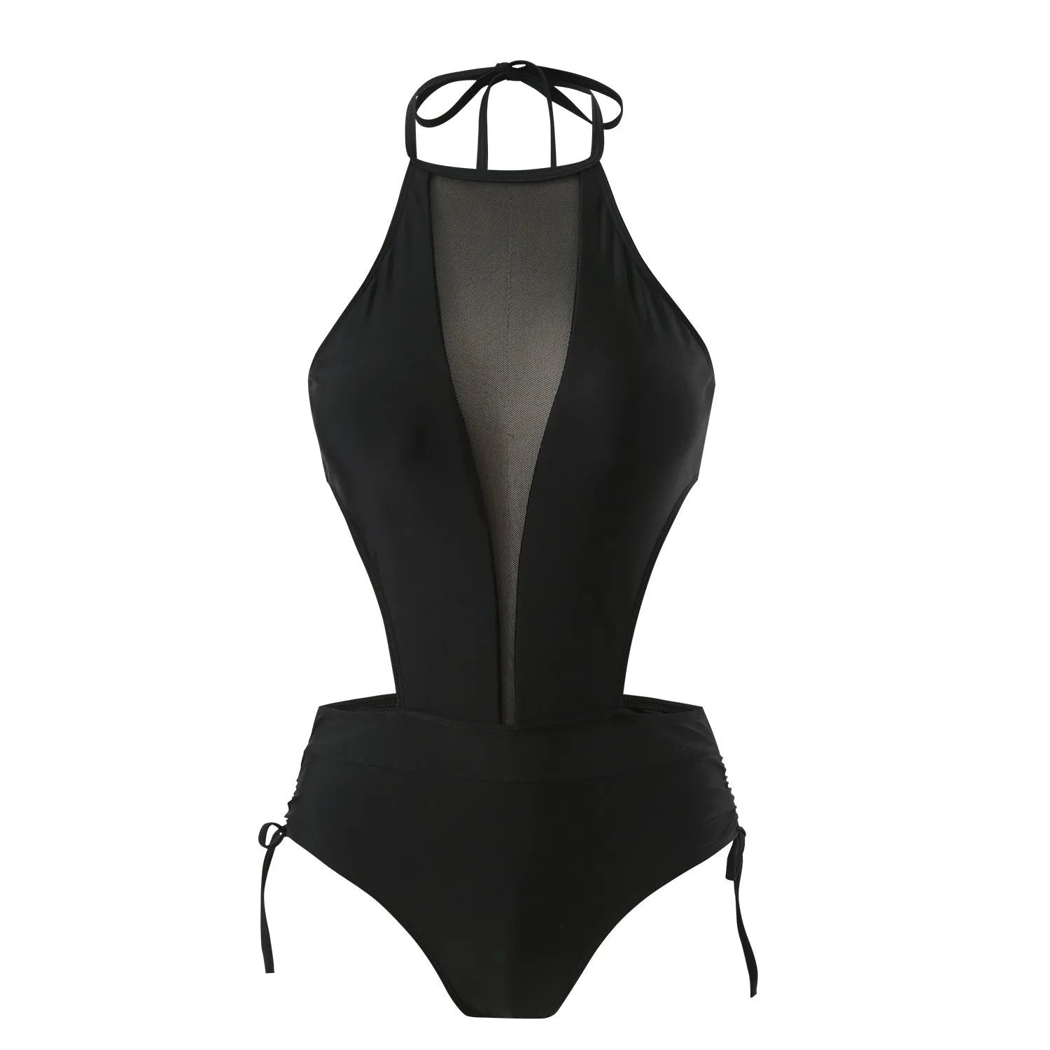 Black one-piece women's swimsuit with hollow out strap detail on the back.