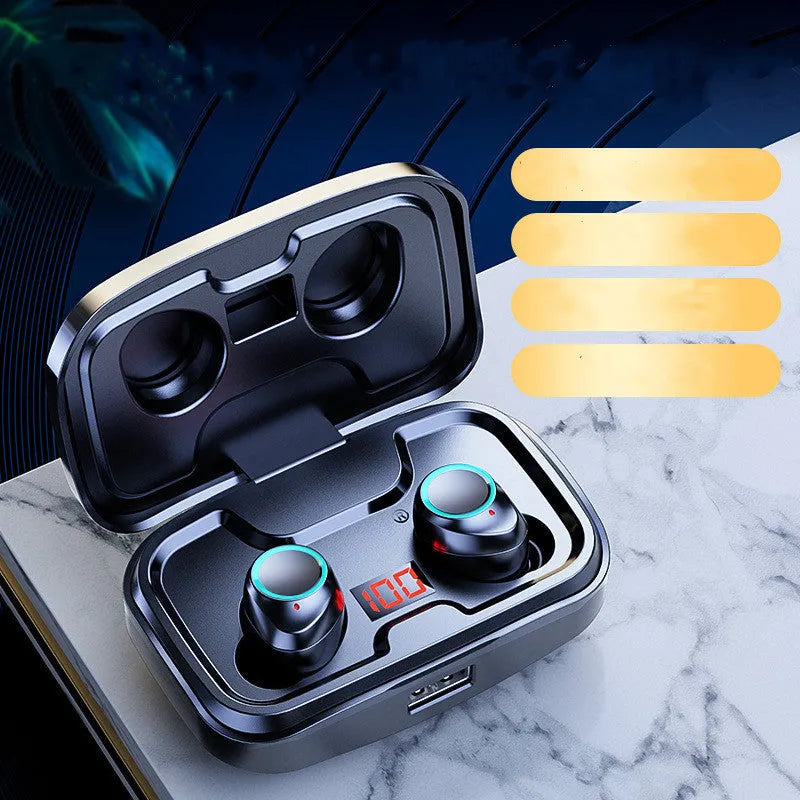 Black wireless in-ear headphones with Bluetooth 5.0, shown alongside red and blue colour options.