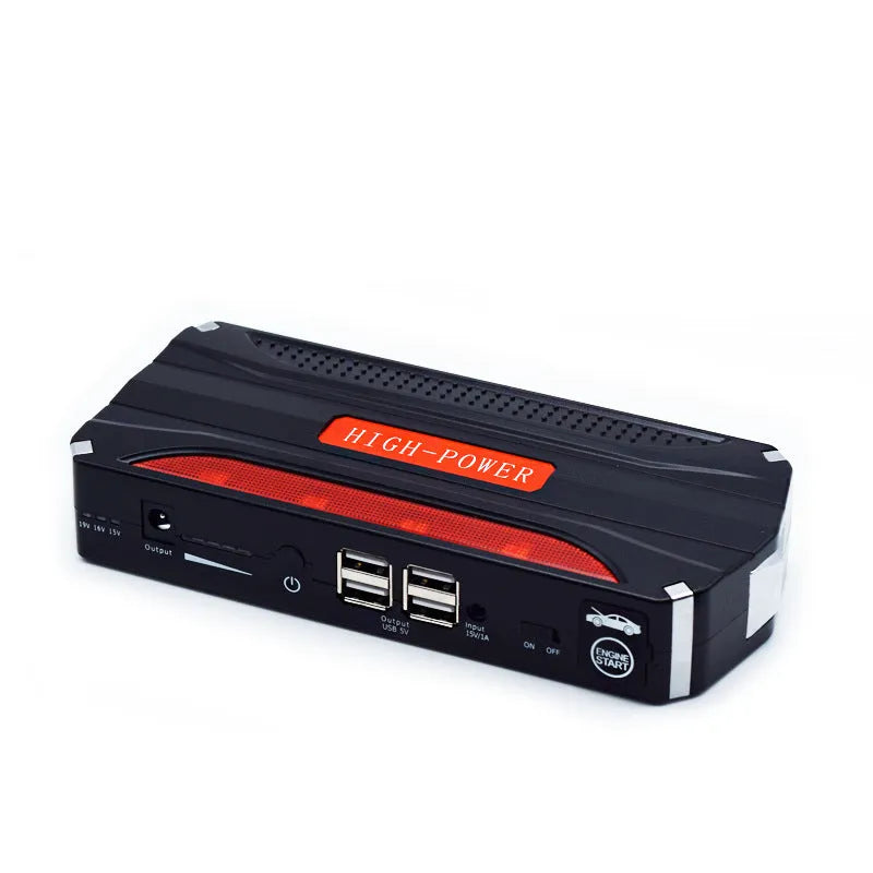 Black and red coloured portable 12V car jump starter emergency power supply unit.