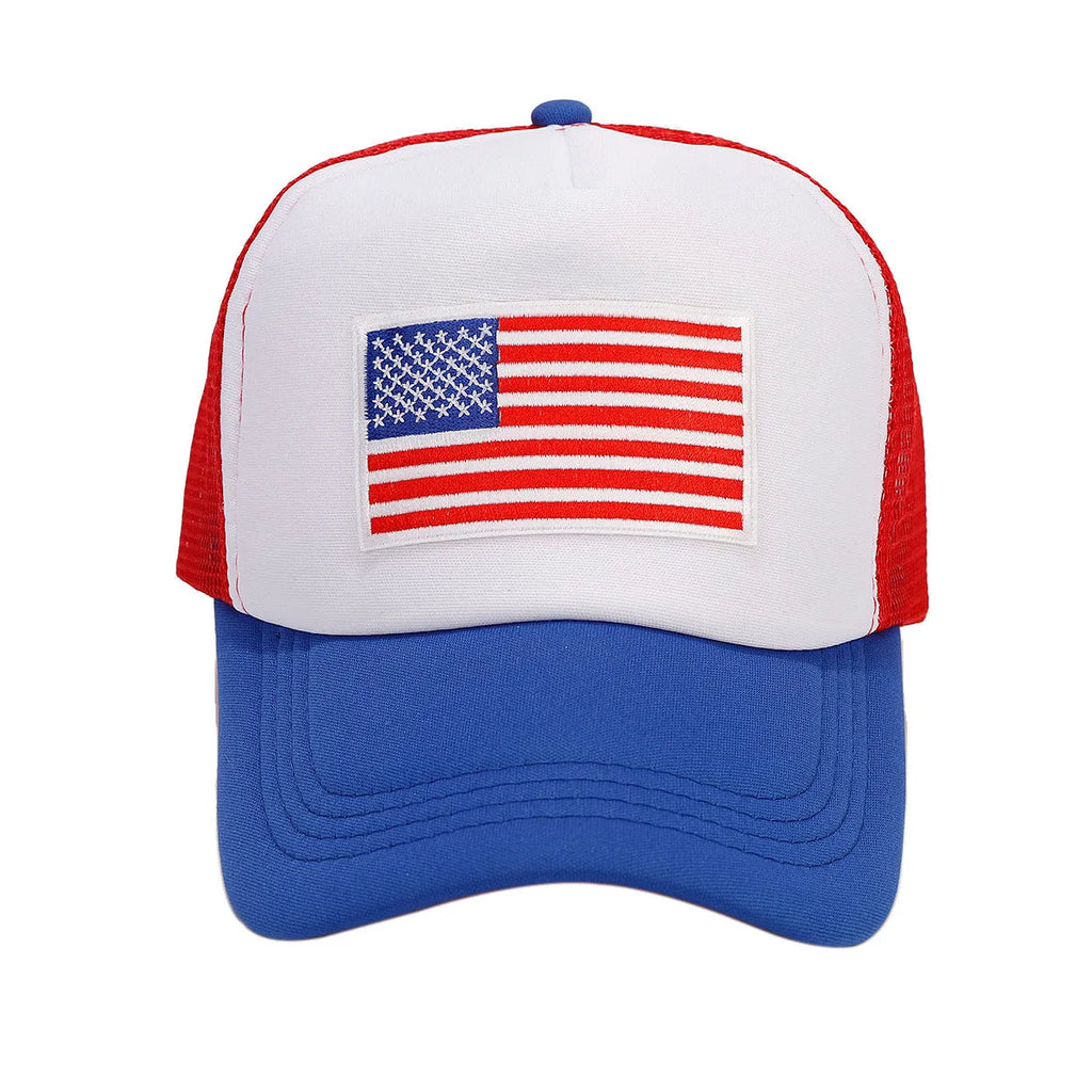 Red and blue contrasting mesh baseball cap with adjustable fit and breathable space cotton construction