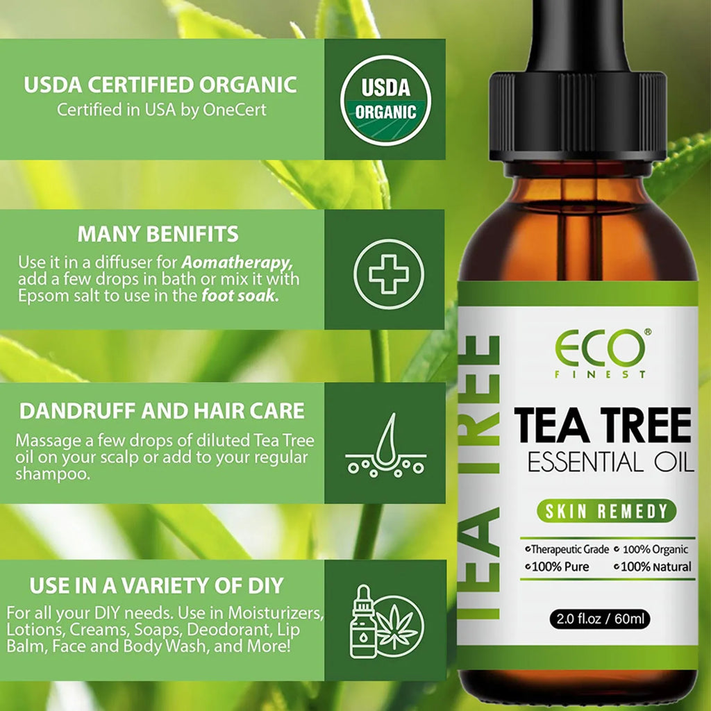 60ml bottle of tea tree essential oil for acne treatment and massage applications