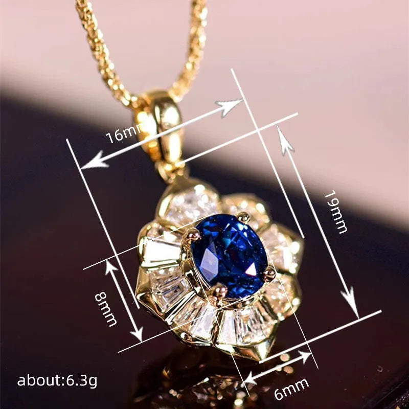 Indian style necklace with inlaid zircon, geometric flower pendant, copper box chain, blue or red colour option