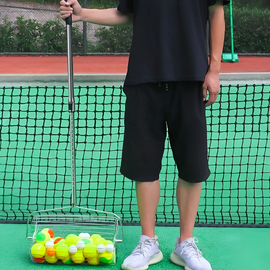 Stainless steel adjustable tennis ball picker roller with capacity for 30 or 60 balls