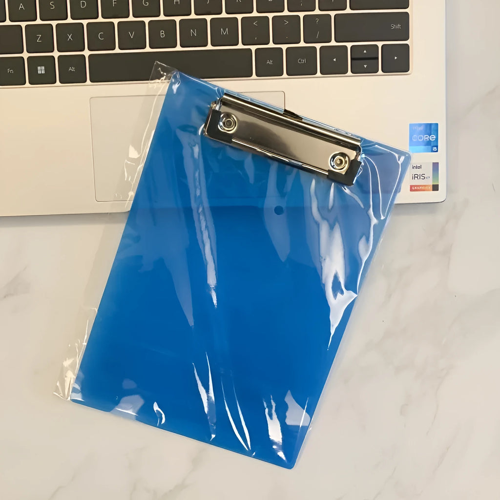 A4 transparent writing board pad with metal clip showing document display and writing surface