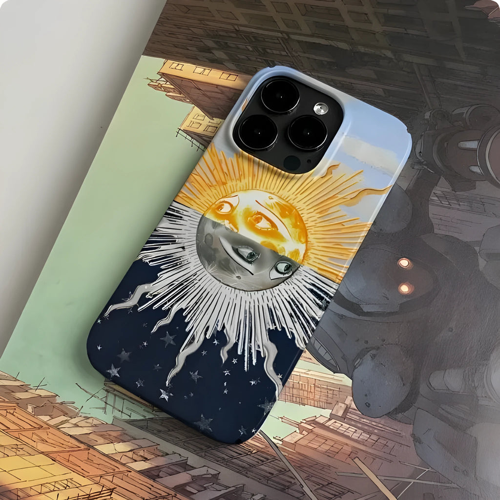 Sun moon alternating art phone case for iPhone 14, scratch-resistant hard shell cartoon style with glossy finish