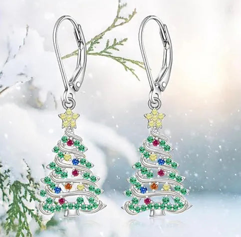 Women's copper Christmas tree earrings with white gold plating and star shape elements
