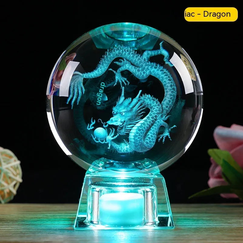 White crystal ball lamp with Chinese zodiac animal figurine on LED electronic base