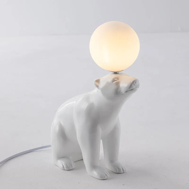 Modern white bear table lamp in sitting posture on a wooden desk, Nordic style, 240mm wide