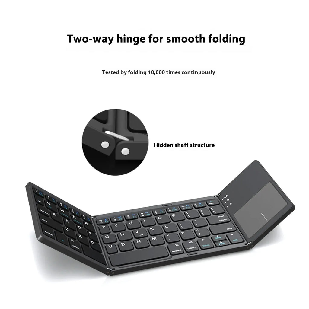 Tri-fold Bluetooth keyboard showing compact folded size next to smartphone for scale