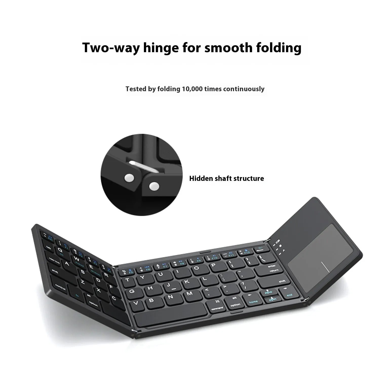 Tri-fold Bluetooth keyboard showing compact folded size next to smartphone for scale