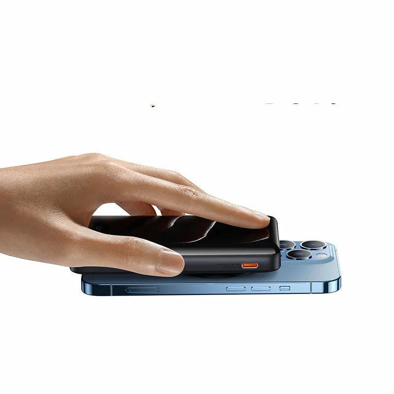Slim blue 3-in-1 magnetic wireless power bank showing dimensions and magnetic charging feature