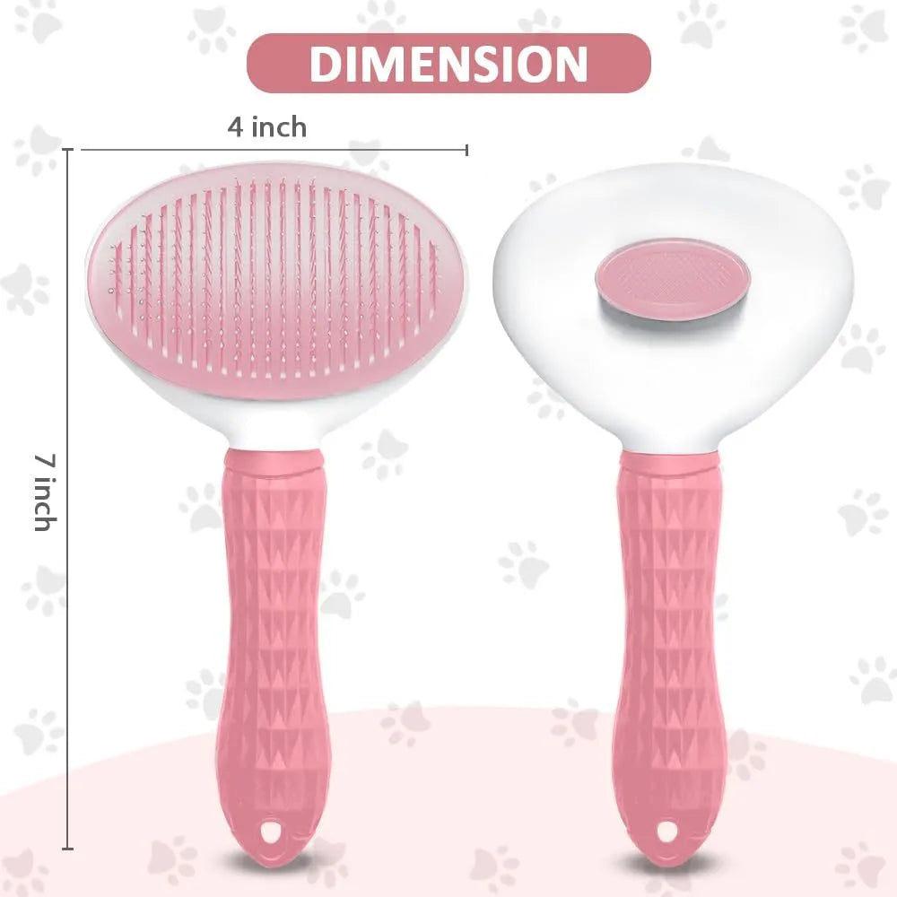 Blue cat grooming brush with a release button and fine wire bristles on a grey background.