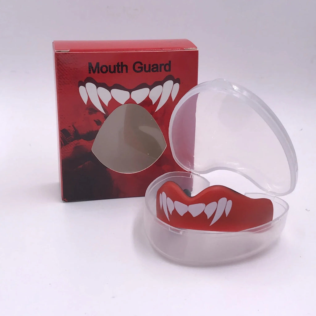 Adult boxing mouthguard with printed teeth design and elastic straps for martial arts protection