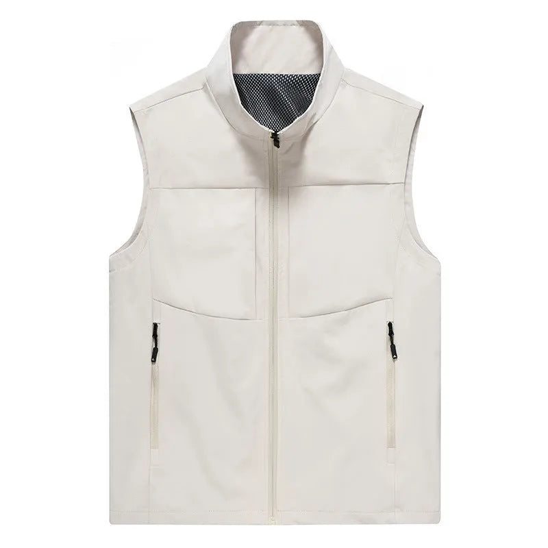 Men's casual polyester vest with a stand collar and zipper pockets in khaki colour.