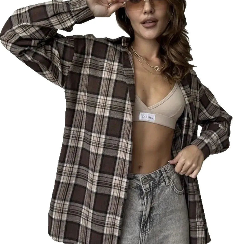 Dark brown striped women's retro style long sleeve shirt with cotton blend fabric.