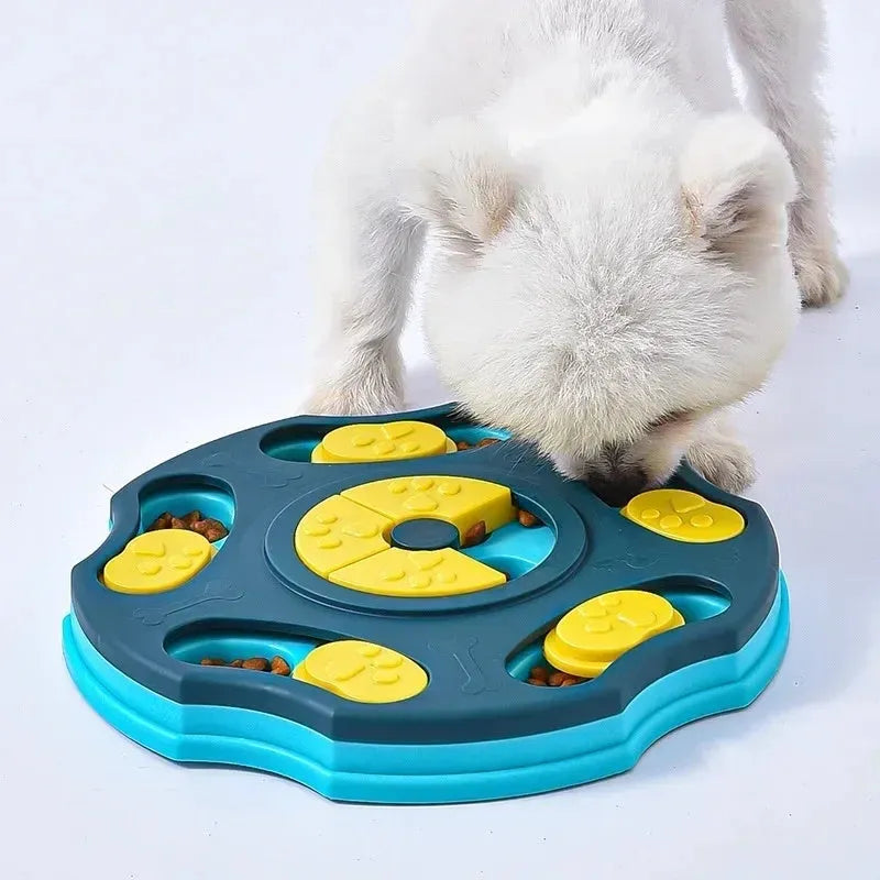 Blue plastic dog puzzle feeder bowl with interactive games for aggressive chewers