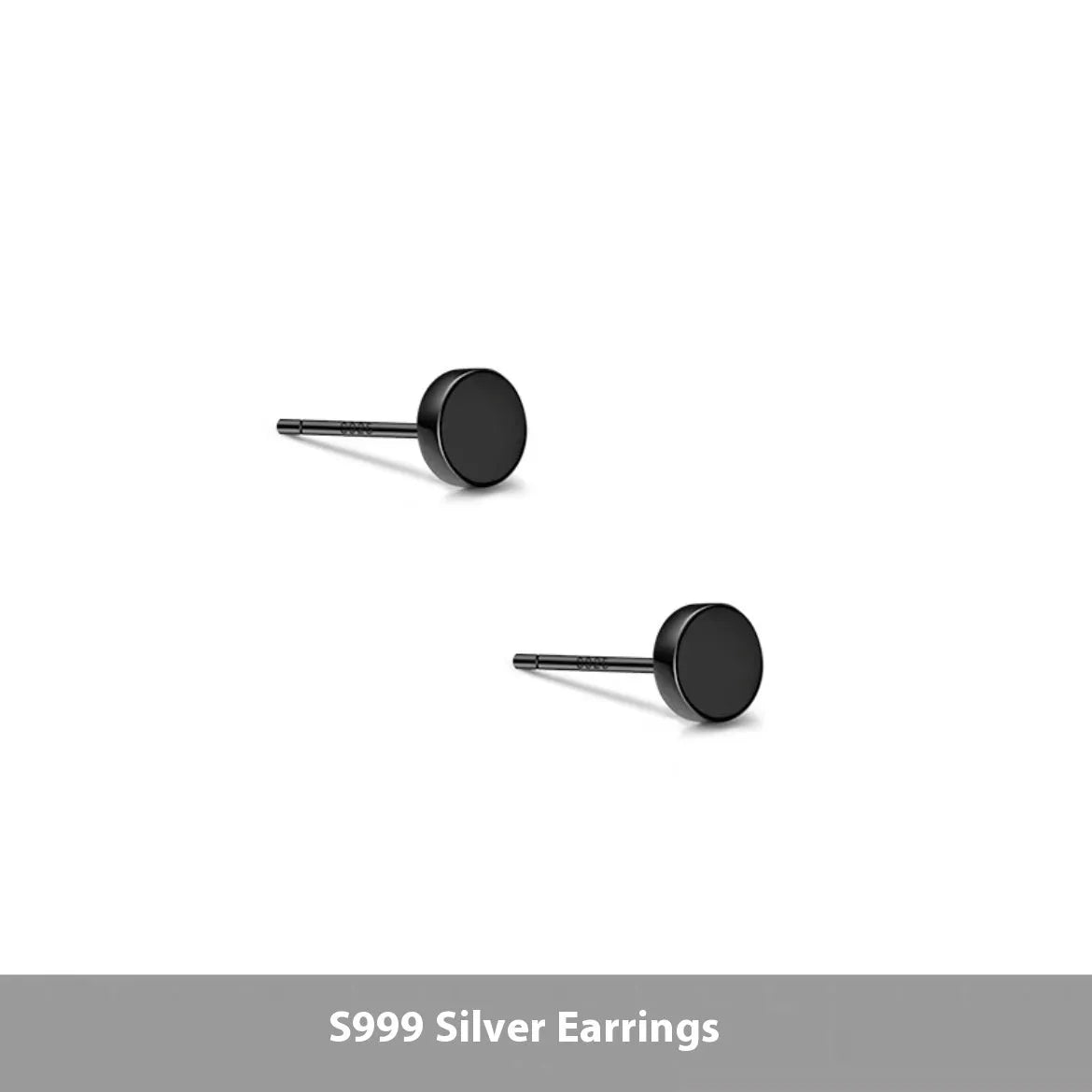 A pair of S999 sterling silver geometric round flat ear bone studs in black and silver finishes, showing size scale.