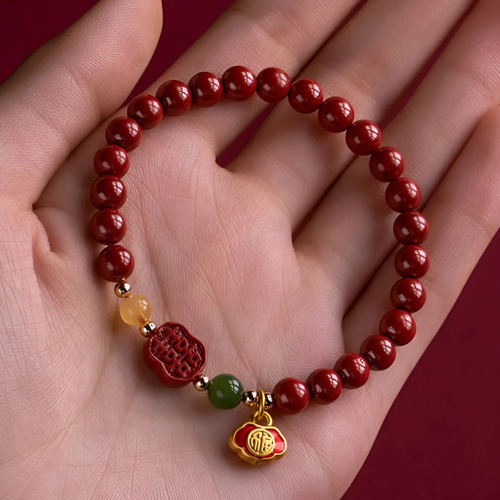 Emperor Sandstone bead bracelet with Fu character charm in New Chinese style.