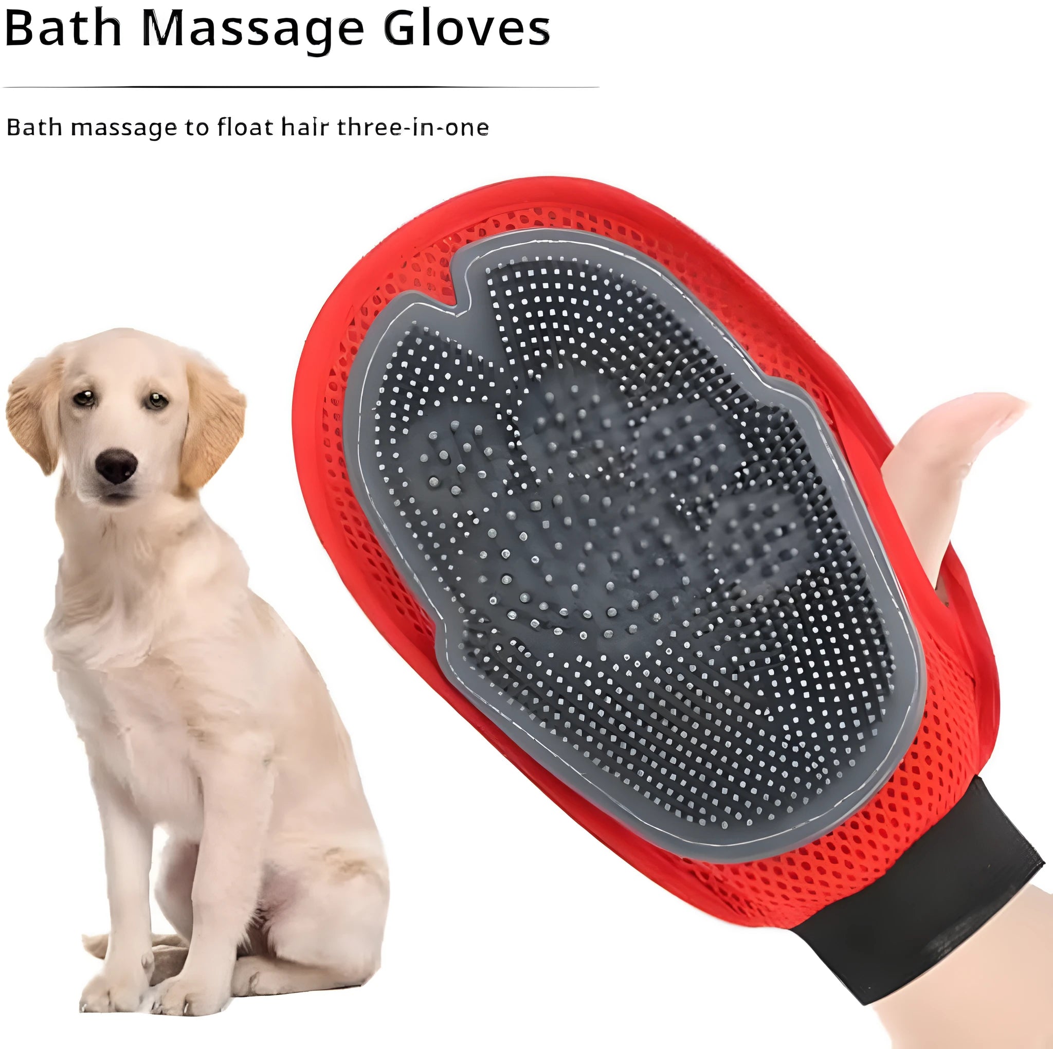 Red pet bathing glove with integrated brush surface for grooming dogs and cats