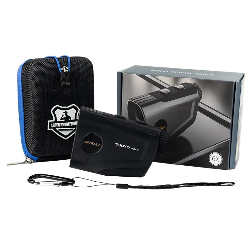 Golf laser rangefinder with LCD display showing distance measurement, USB Type-C charging port visible.