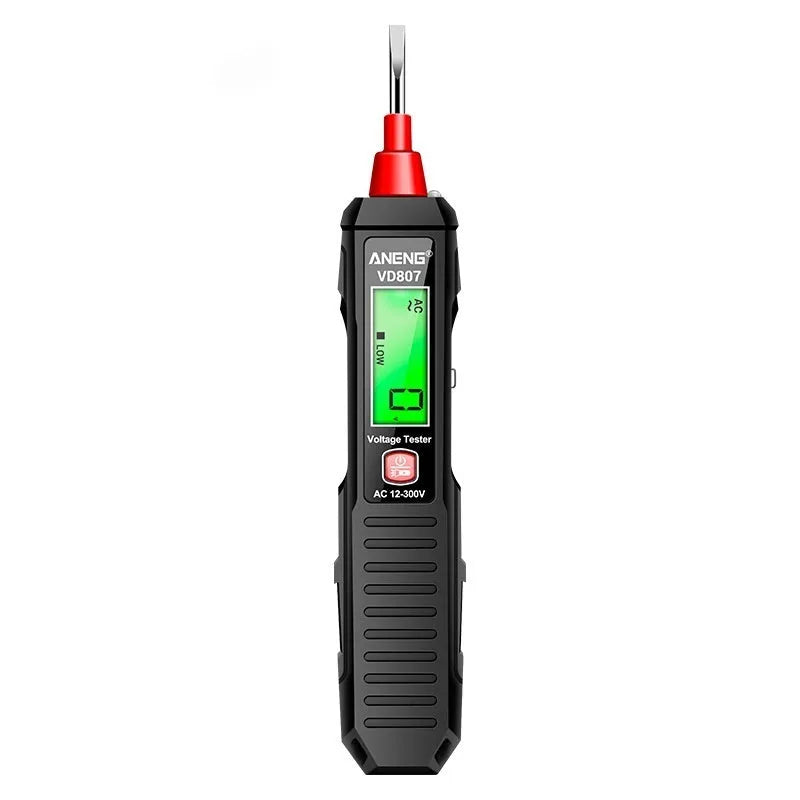 Black digital voltage testing pen with LCD screen showing voltage reading, used for zero line detection.