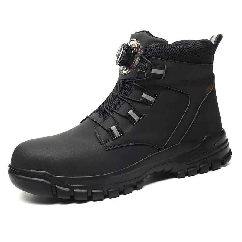 A pair of lightweight black leather work safety shoes with a rubber sole on a grey background.
