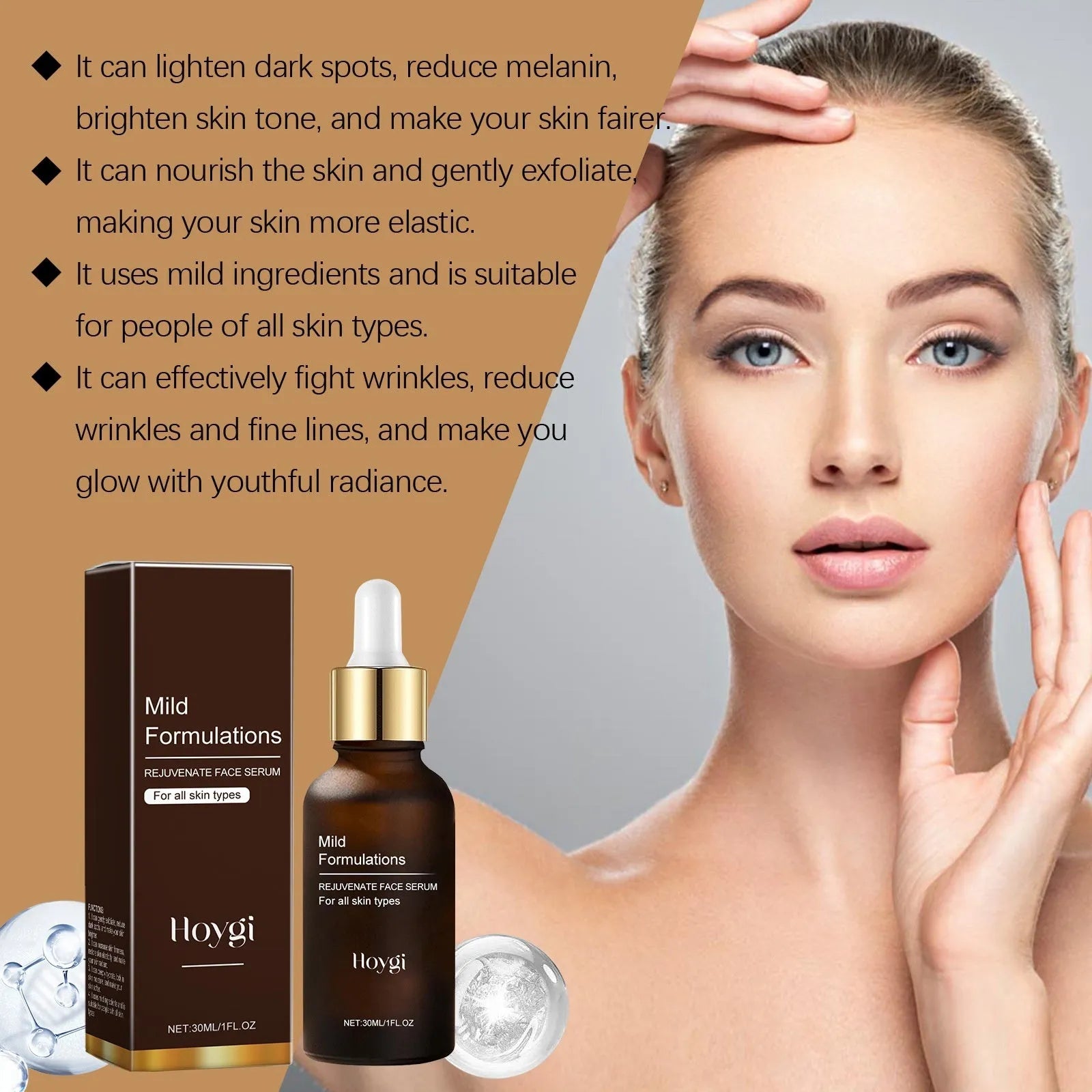 30ml facial skin care essence bottle with hyaluronic acid, vitamin C, collagen, and arbutin formula