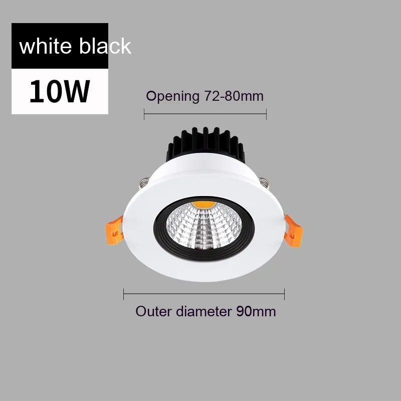 White aluminium embedded LED ceiling spotlight with anti-glare design showing three colour temperature options