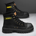 Thick-soled canvas men's motorcycle boots in black, side view showing round toe and front lace-up