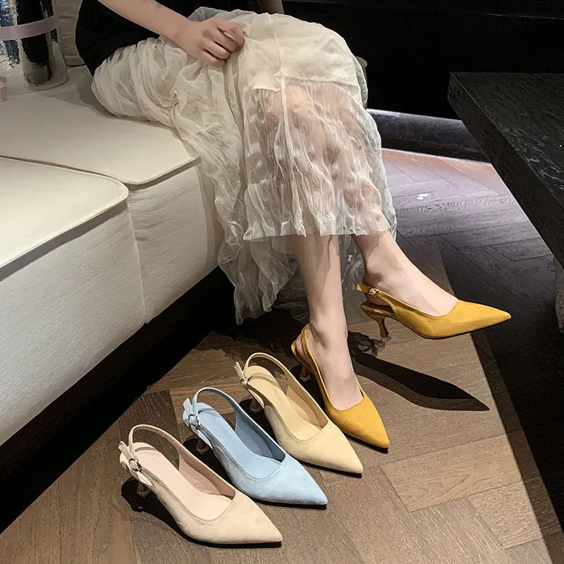 Women's suede stiletto heel pointed high heels in apricot, pink, sky blue, and yellow colours