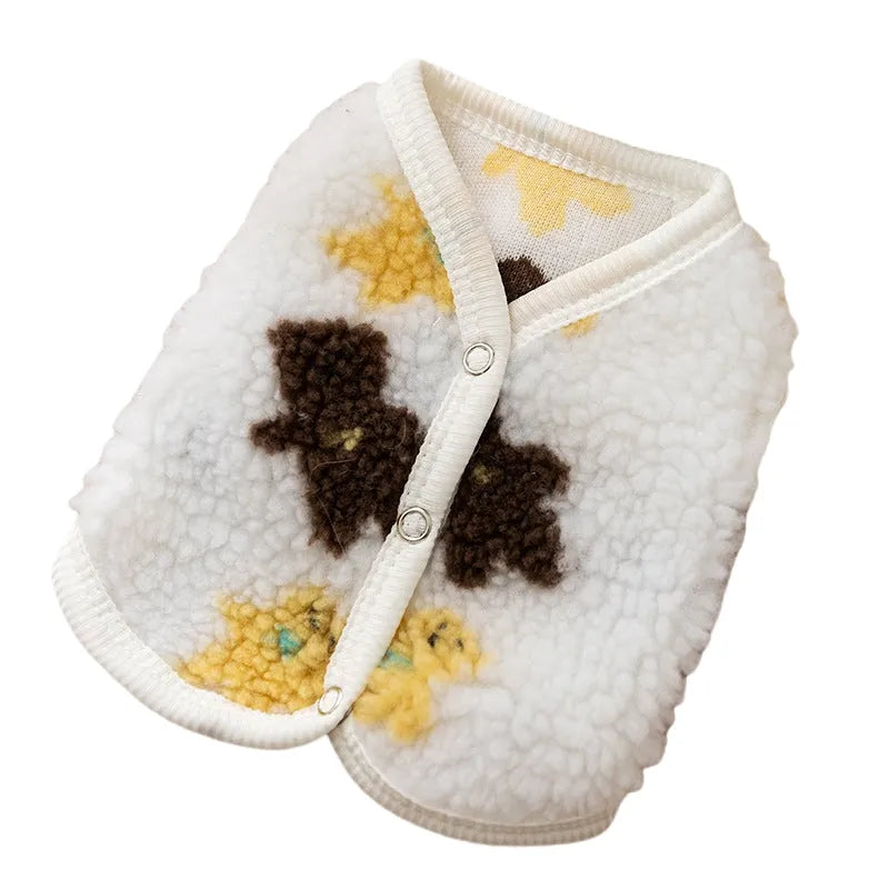 White teddy bear printed Sherpa fleece dog vest with QQ button closure for small and medium pets