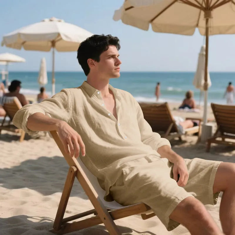 Men's linen beach suit set showing long sleeve shirt and matching shorts in available colours