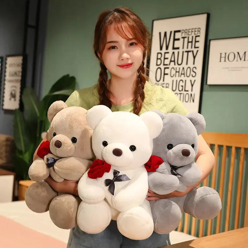 Rose bear teddy plush pillow in brown, beige, or grey with soft PP cotton filling