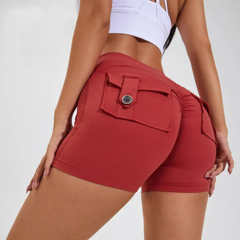 Women's high-waist fitness shorts with pockets in quick-dry nylon fabric for summer workouts