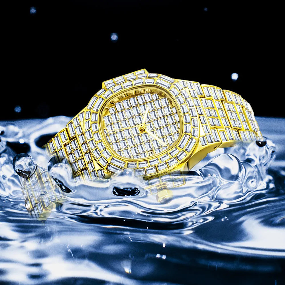 Gold full drill square waterproof calendar quartz watch for men on a light background