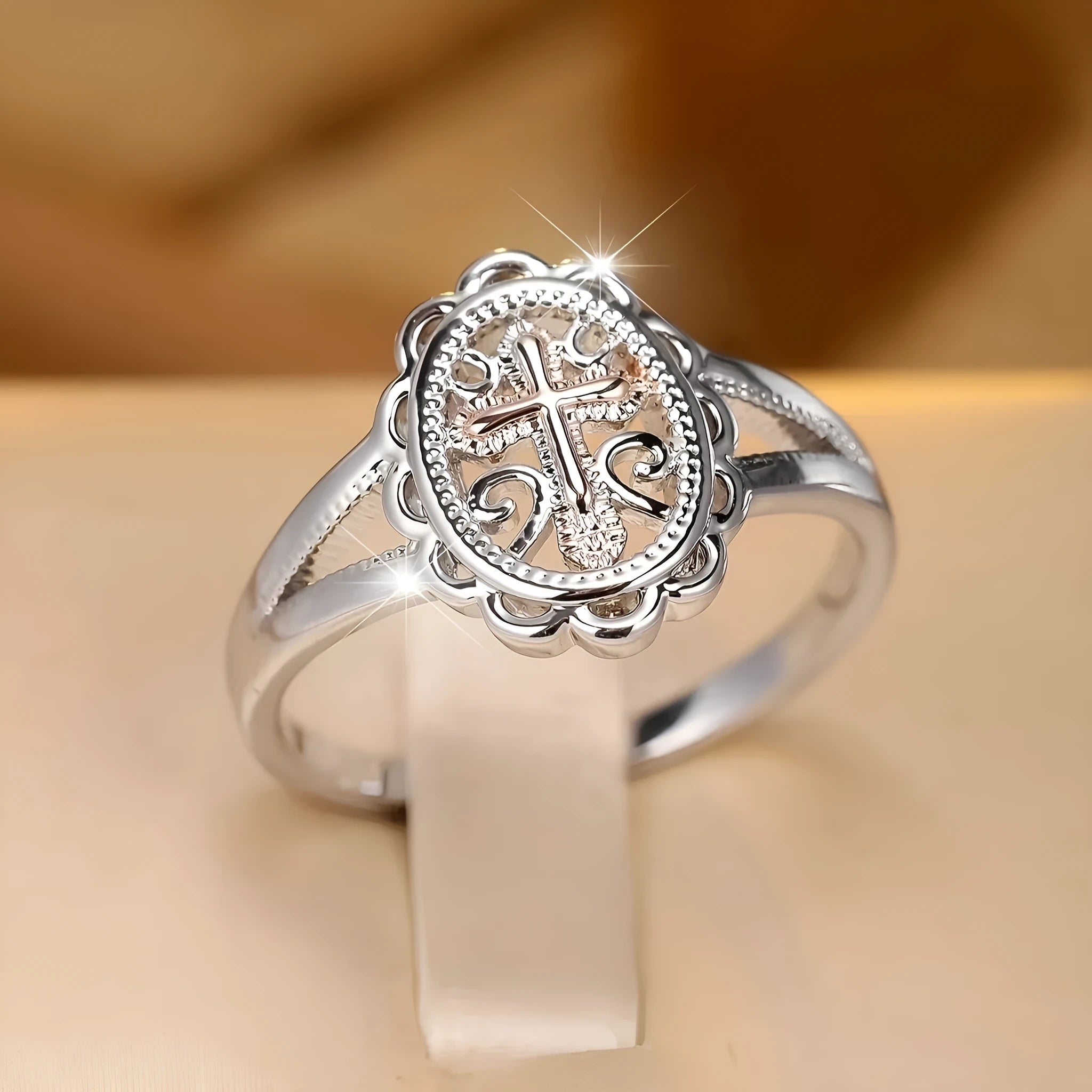 Silver women's ring with cross and lace pattern design in electroplated alloy