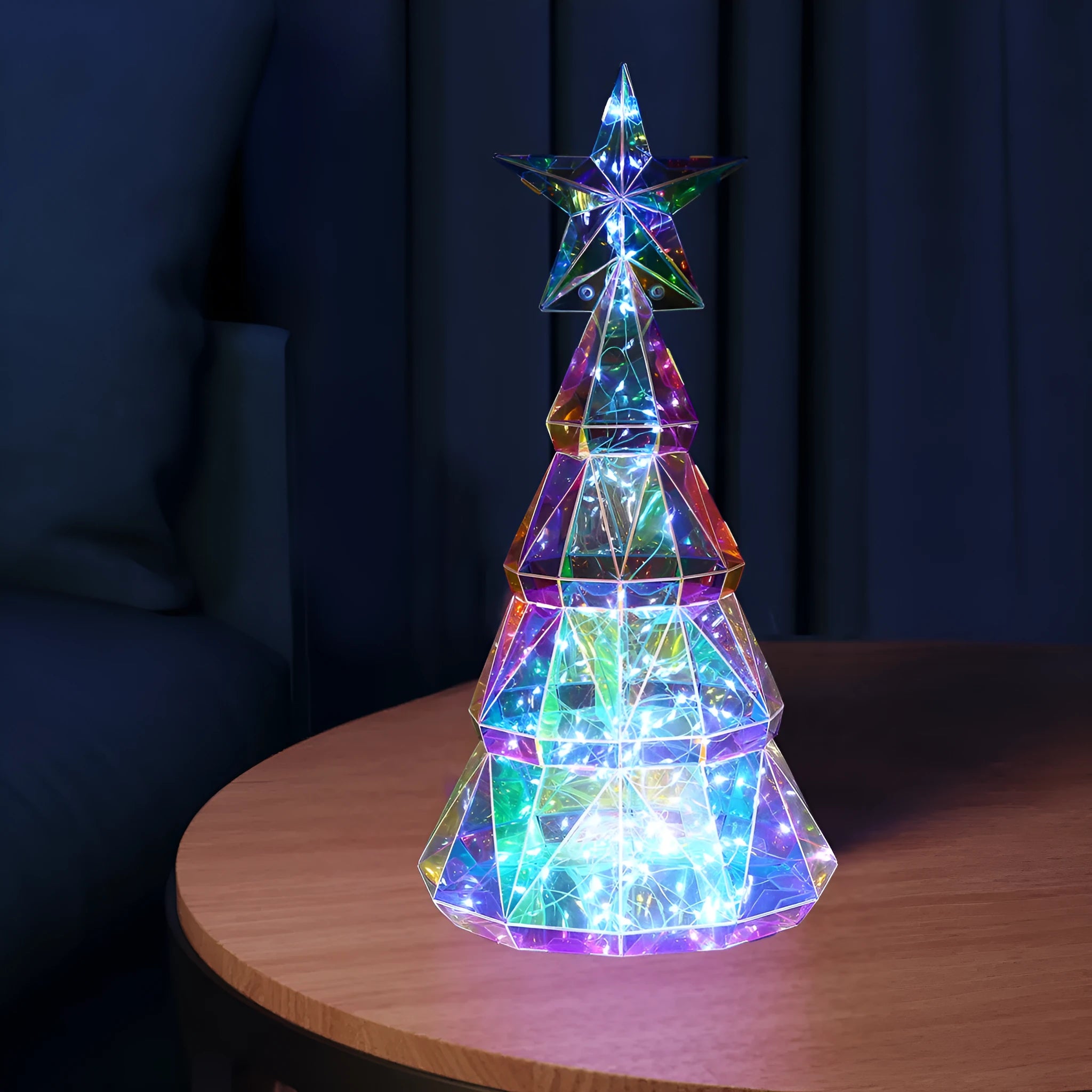 Colourful cartoon-style Christmas tree luminous decoration made of PET, dimensions 14.5 by 4.8 by 20 cm.