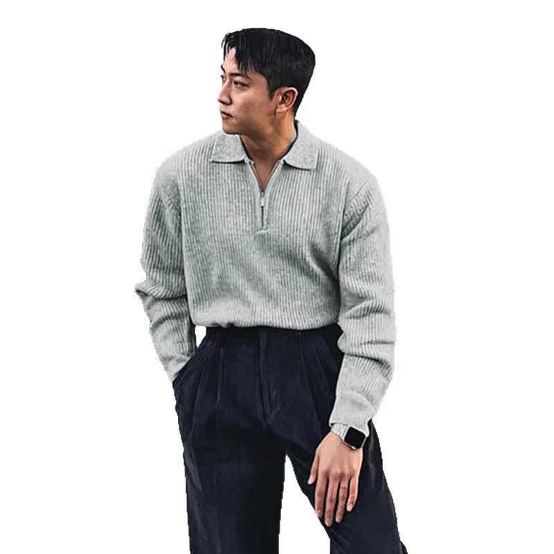 Men's knitted half-zip turn-down collar jacket in ice silk fabric, slim fit, solid pattern