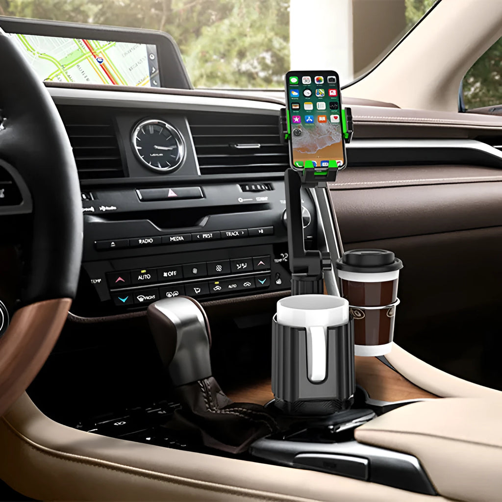 Green car drink rack with dual cup holders and compartments for kettle and mobile phone organisation