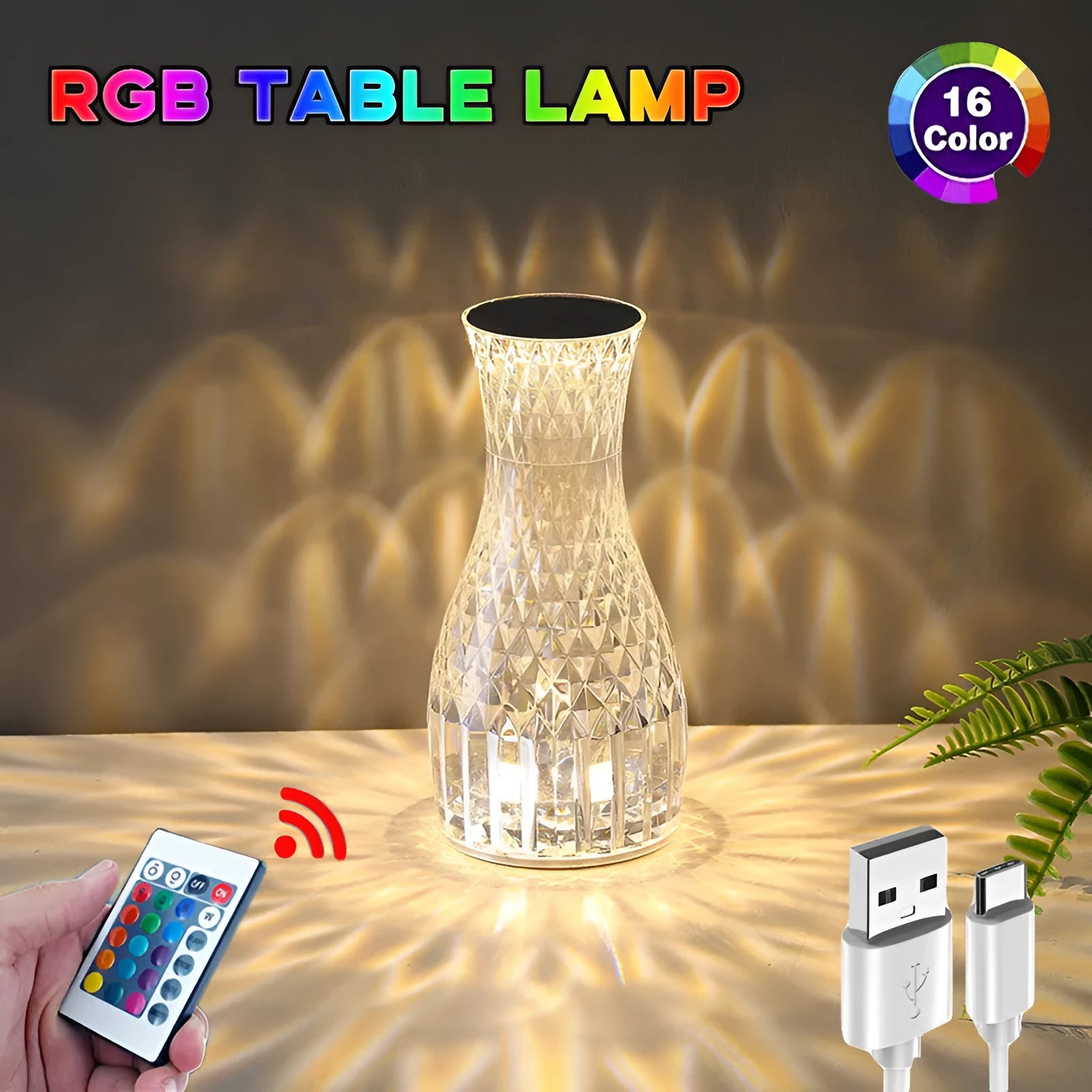 Transparent vase-shaped crystal LED table lamp on a table, showing soft coloured light.