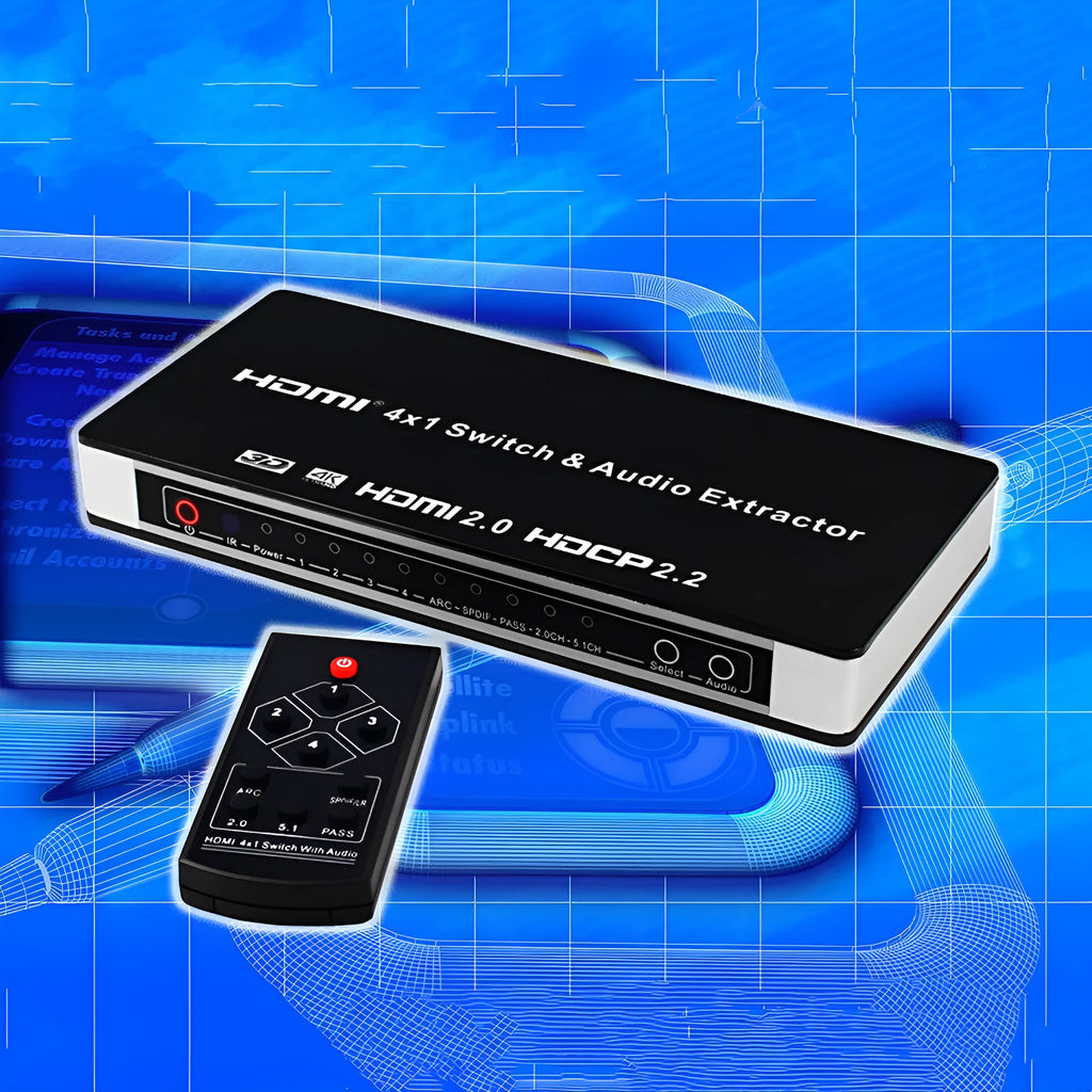 Black HDMI audio-video switch with 4 input ports and 1 output port, remote control included