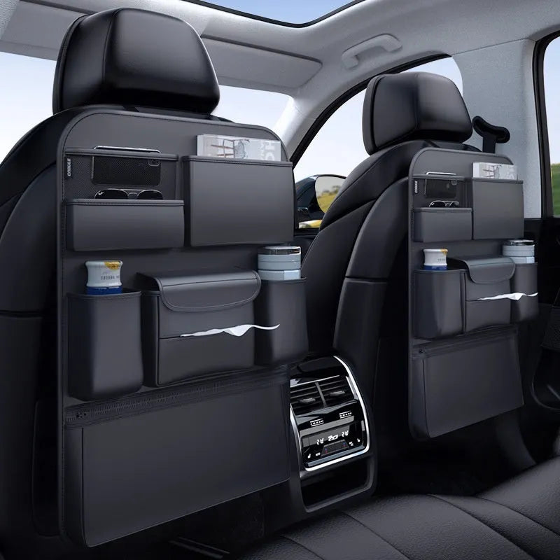 Black leather car seat hanging storage bag with carrying handle in two size options