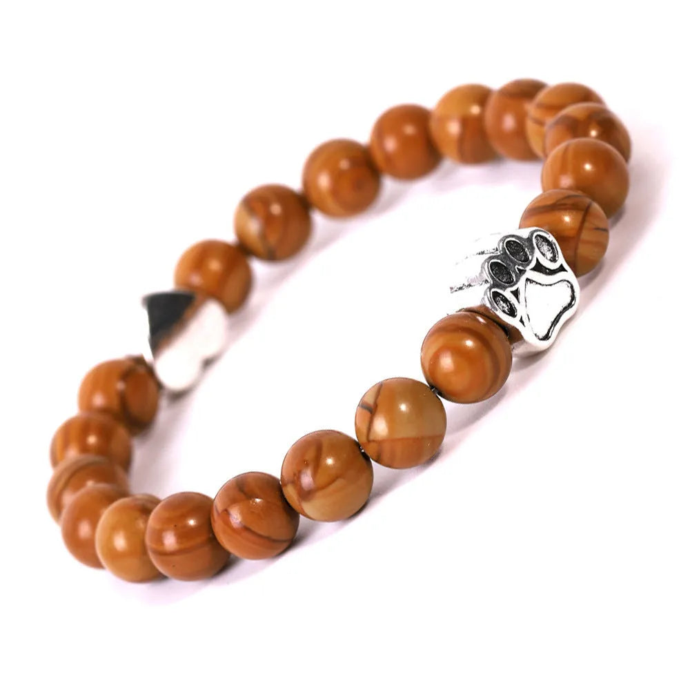 Tigereye Indian agate stone bead bracelet with dog's paw and heart charms in geometric design