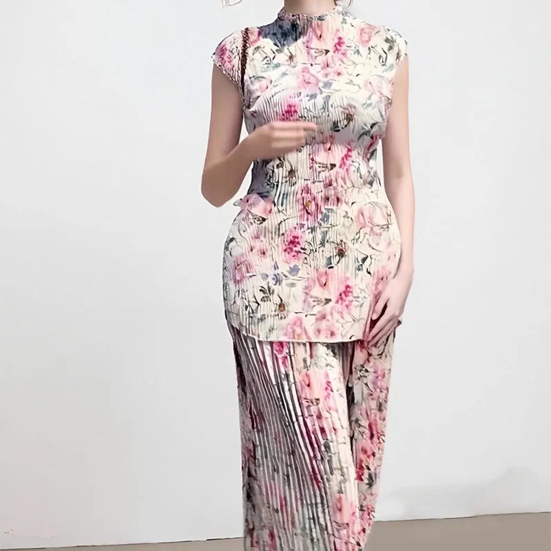 Women's long sleeve printed chiffon dress set with high-waist skirt on a mannequin