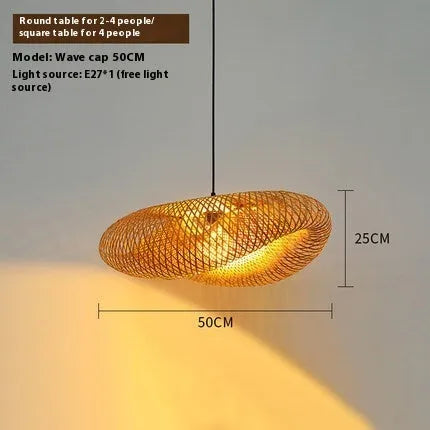 Straw hat-shaped bamboo hanging ceiling lamp with woven natural fibre texture