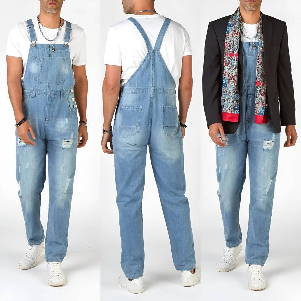 Men's light blue denim suspender pants with high waist and straight leg retro styling