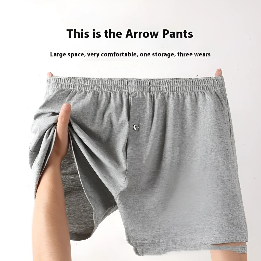 Men's high-waist cotton boxer shorts in black, grey, and navy blue on a size chart