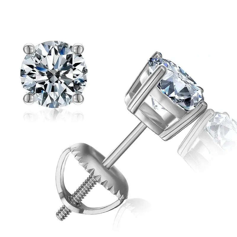 Silver geometric four claw stud earrings with moissanite stone and screw back fitting.